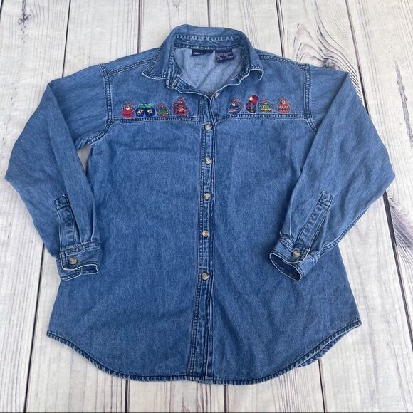 Solutions Denim Christmas Holiday Denim Button Up Shirt Embroidered Small Ugly - Picture 3 of 10